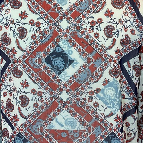 Daniel Rainn Gleeson Tab Sleeve Pleated Front Blue Red Floral Popover Blouse LG - Picture 8 of 13